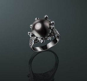 Кольцо с жемчугом бриллианты кп-02чч: чёрный морской жемчуг, золото 585°