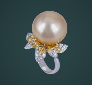Кольцо с жемчугом бриллианты 8297: золотистый морской жемчуг, золото 750°